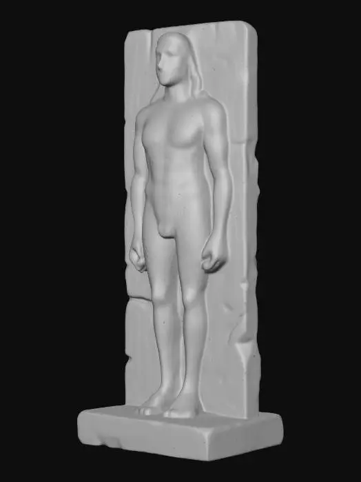 3D model for Modelo de un monolito de piedra del tamaño de un hombre,  se asemeja al cuerpo humano pero estilizado, con tallados  y jeroglificos en su superficie,