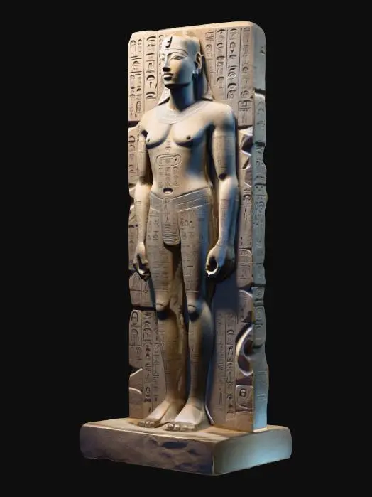 3D model for Modelo de un monolito de piedra del tamaño de un hombre,  se asemeja al cuerpo humano pero estilizado, con tallados  y jeroglificos en su superficie,