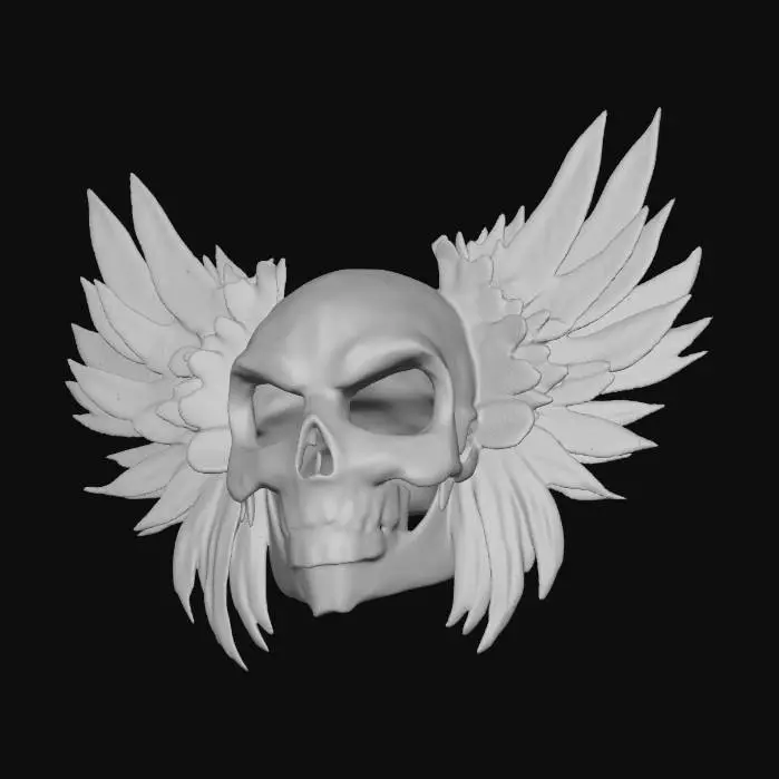 3D model for A mask depicting the front of a stylized metal skull, with eyeholes, giving it a sinister appearance, with a crown of long feathers at the back covering the headpiece.