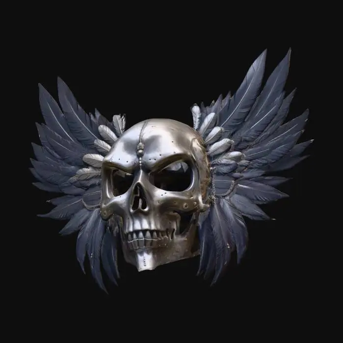 3D model for A mask depicting the front of a stylized metal skull, with eyeholes, giving it a sinister appearance, with a crown of long feathers at the back covering the headpiece.