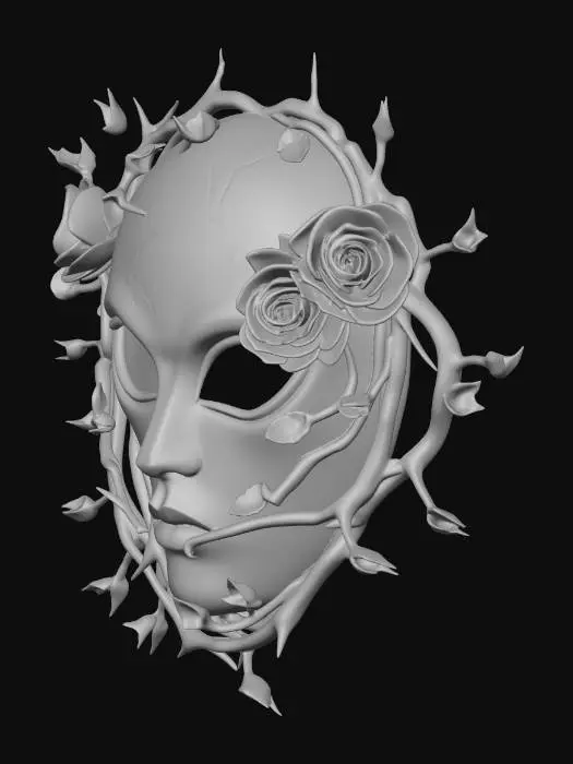 3D model for Gothic  sculpted mask wrapped in thorned vines, matte charcoal base with metallic crimson accents, subtle cracked texture, black roses embedded along one side, asymmetrical design, mysterious and elegant, hyper-detailed, dramatic low-key lighting, wearable fantasy mask concept, high resolution, cinematic shadows
