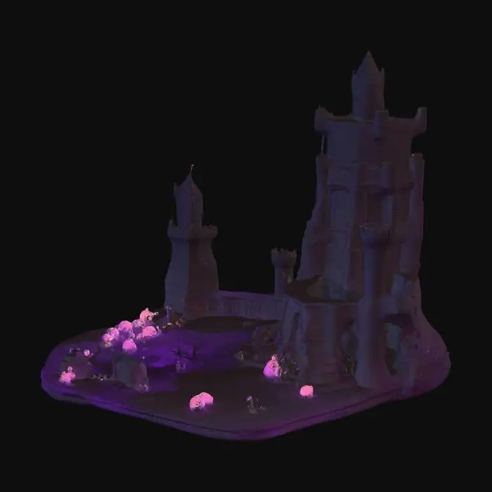 3D model for The Shadowlands is a cinematic 360° realm of eerie twilight, where twisted black trees rise from valleys cloaked in purple fog. Broken battlements and watchtower silhouettes hint at forgotten wars, while glowing fungi and luminous plants breathe color into the gloom. The land shifts between misty marshes, jagged cliffs, and cavernous ruins, lit by starfield overhead. Distant thunder echoes across the horizon, and soft rain or shadowy storms roll through unpredictably. Here, the world blends darkness and beauty: surreal color shifts, ambient luminescence, and haunting quiet define its atmosphere, making the Shadowlands a mystical, perilous frontier.
Would you like me to also compress this into a **one-sentence version** (good for metadata/prompts), or keep the richer 800-character style?