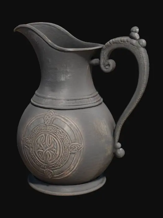 3D model for An antique, black metallic pitcher with a Viking inscription, textured old surface, with handle. Celtic style design
