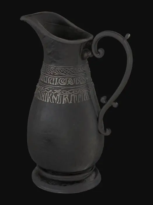 3D model for An antique, black metallic pitcher with a Viking inscription, textured old surface, with handle. Celtic style design
