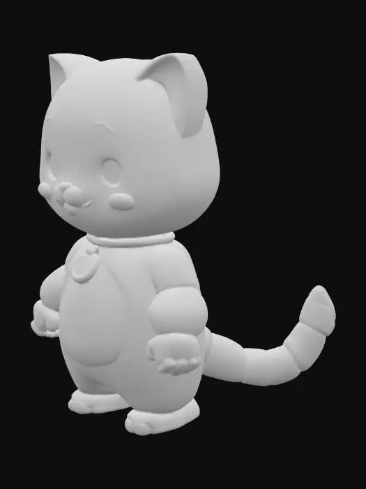 3D model for Cute chubby robotic cat mascot, big belly, round head, short tail, glowing blue eyes, light blue body, white belly, pink cheeks, collar with M badge