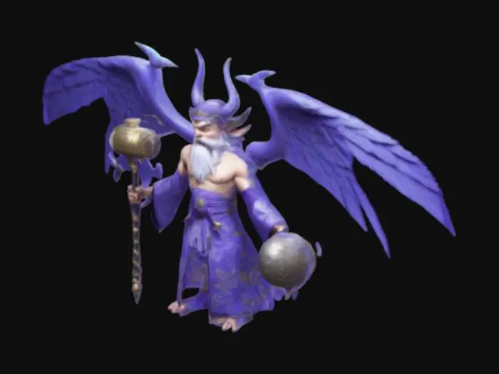 3D model for A mythological figure with two small, wing-like ornaments on his head, holding a stun hammer and a floating thunderball, clad in a Taoist robe, with a strong, athletic body and two open wings behind him, modern, hipster, cartoonish style, simplified, exaggerated elements, thunder and lightning effects, blue-violet light effects