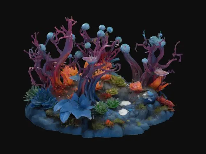3D model for Fairy Forest,Real life world of Alien Plants DIORAMA ,unique style blends intricate Aliens tones with silver Blue accents, OUR vivid emotional expression and modernism, creates a striking visual experience 