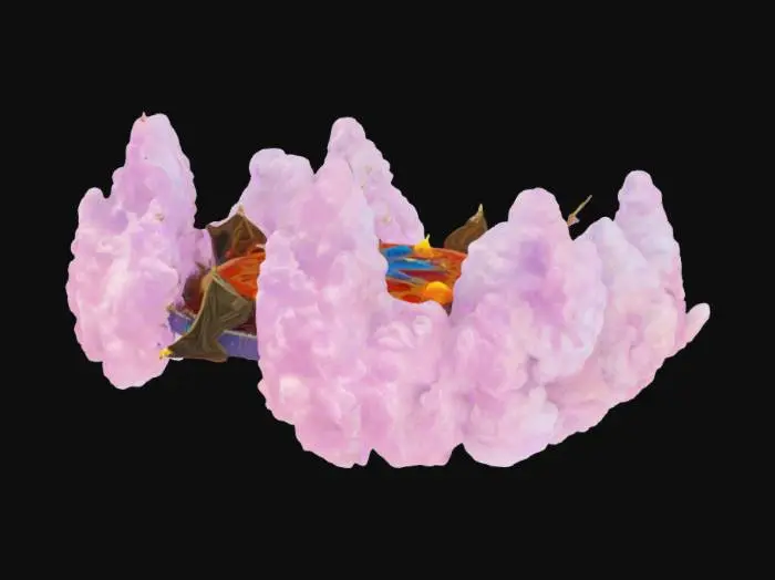 3D model for In the center is the government symbol of the Cosmopolis, a fusion of medieval-era cameo aesthetics and psychedelic surrealism, set with luminous jewels, and flanked by symmetrical stars and clouds in an unruly shape.