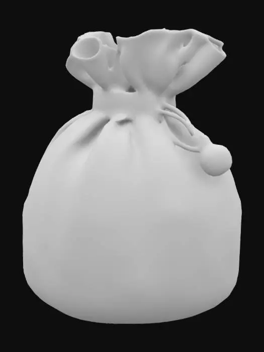 3D model for Money bag, embroidered with diamonds and coin texture, thick red rope tied around the mouth of the bag, natural folds, clear detailing, delicate floral pattern on the mouth of the money bag, blue main color with green accents