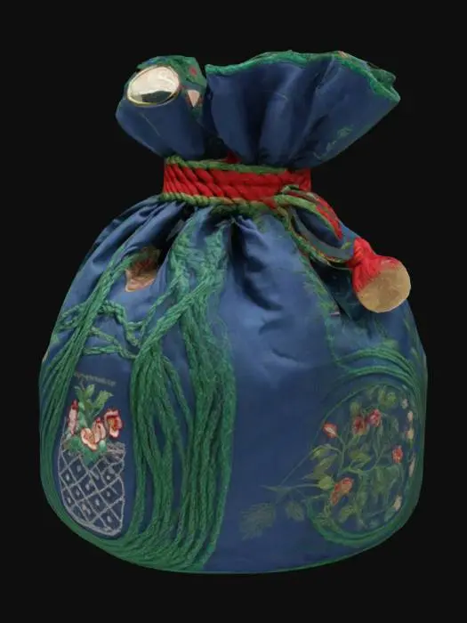 3D model for Money bag, embroidered with diamonds and coin texture, thick red rope tied around the mouth of the bag, natural folds, clear detailing, delicate floral pattern on the mouth of the money bag, blue main color with green accents