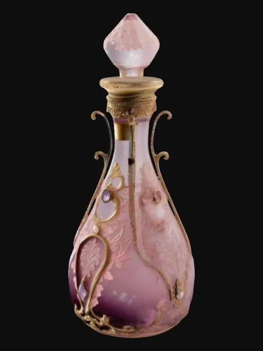 3D model for An elegant vintage potion bottle designed with intricate details, featuring a delicate, hourglass-shaped glass body in pastel hues like pink or lavender. The bottle is adorned with ornate gold filigree, tiny gemstone accents, and an embossed floral pattern. A luxurious crystal or pearl stopper sits atop, encased in a decorative metal frame, feminine, whimsical charm, combining Victorian aesthetics with magical elements