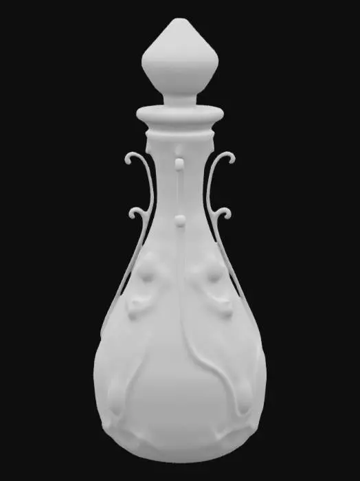 3D model for An elegant vintage potion bottle designed with intricate details, featuring a delicate, hourglass-shaped glass body in pastel hues like pink or lavender. The bottle is adorned with ornate gold filigree, tiny gemstone accents, and an embossed floral pattern. A luxurious crystal or pearl stopper sits atop, encased in a decorative metal frame, feminine, whimsical charm, combining Victorian aesthetics with magical elements