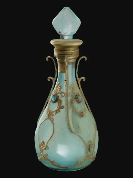 3D model for An elegant vintage potion bottle designed with intricate details, featuring a delicate, hourglass-shaped glass body in pastel hues like pink or lavender. The bottle is adorned with ornate gold filigree, tiny gemstone accents, and an embossed floral pattern. A luxurious crystal or pearl stopper sits atop, encased in a decorative metal frame, feminine, whimsical charm, combining Victorian aesthetics with magical elements