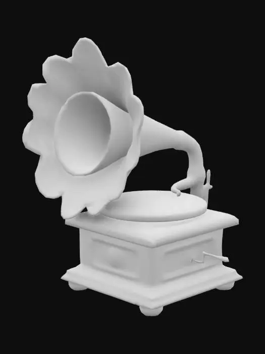 3D model for Cartoon style phonograph, round and full, the main body presents a bright green and gold color matching, craftsmanship details, the top of the large gold horn is like a blooming flower, the surface is smooth and streamlined, reflecting soft light, exuding elegance and nostalgia. The base is designed in a square shape, decorated with a vintage column structure and delicate gold edges, with a nameplate embedded on the front, a hand crank, a black turntable, cartoonish, nostalgic fun