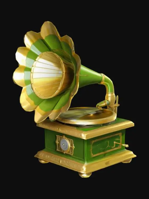 3D model for Cartoon style phonograph, round and full, the main body presents a bright green and gold color matching, craftsmanship details, the top of the large gold horn is like a blooming flower, the surface is smooth and streamlined, reflecting soft light, exuding elegance and nostalgia. The base is designed in a square shape, decorated with a vintage column structure and delicate gold edges, with a nameplate embedded on the front, a hand crank, a black turntable, cartoonish, nostalgic fun