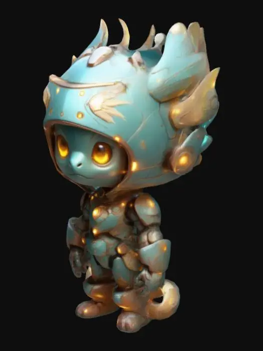 3D model for Cartoonish, petite and cute, with clear facial structure, the surface of the battle suit shows flowing light patterns or subtle electric light, decorated with totems or symbols (such as dragons, eagles or flames, etc.), equipped with laser beams on the body, and the overall color tone is harmonious