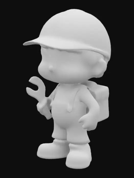 3D model for 3D cartoon character, children's figure, its body shape is simple and rounded, with a sense of hand-carved toys. Wearing dark green backpack pants, holding pliers, with a simple geometric sense of three-dimensional features, three-dimensional features, joints with wooden pegs, mortise and tenon structure or disc splicing, to bring a sense of handmade assemblage, the color of the original wood color, caramel, light brown and dark green
