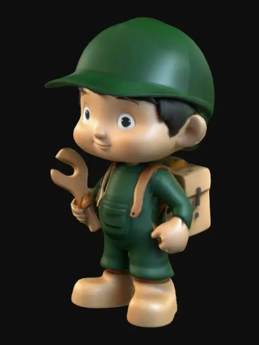 3D model for 3D cartoon character, children's figure, its body shape is simple and rounded, with a sense of hand-carved toys. Wearing dark green backpack pants, holding pliers, with a simple geometric sense of three-dimensional features, three-dimensional features, joints with wooden pegs, mortise and tenon structure or disc splicing, to bring a sense of handmade assemblage, the color of the original wood color, caramel, light brown and dark green