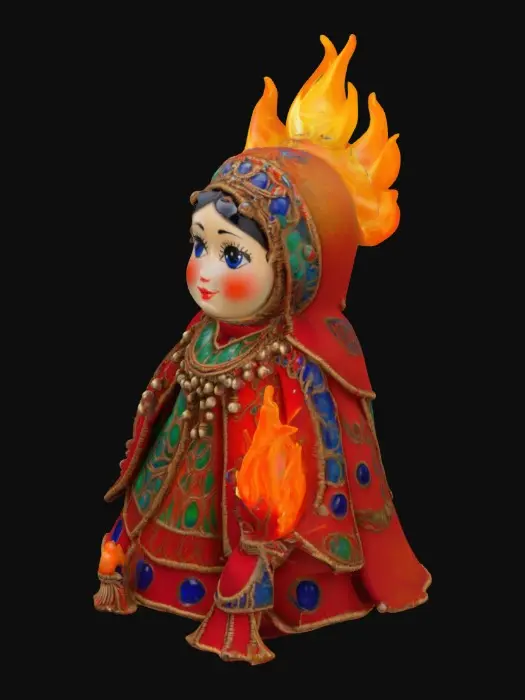 3D model for Flame Dancer - Slavic Rhapsody Nesting Dolls, nesting dolls covered with layers of metal tassels and colourful glazed beads, the edge of the turban is flame-like warping, a symbol of the Russian nation's passion and uninhibited, with deep red, cobalt blue and gilt as the main colours, supplemented by fluorescent green and bright orange embellishments, the saturation of colours is high!, #AroundTheWorld#