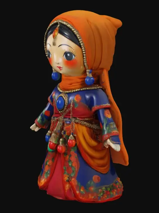 3D model for [Russia] Flame Dancer - Slavic Rhapsody Nesting Dolls, nesting dolls covered with cascading metal tassels and colourful glazed beads, the headscarf is flame-coloured to symbolise the passion and uninhibited nature of the Russian nation, with crimson, cobalt blue and gilt as the main colours, supplemented by fluorescent green and bright orange embellishments, with a high degree of colour saturation., #AroundTheWorld#
