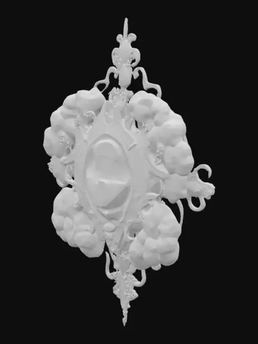 3D model for In the center is the government symbol of the Cosmopolis, a fusion of medieval-era cameo aesthetics and psychedelic surrealism, set with luminous jewels, and flanked by symmetrical stars and clouds in an unruly shape.
