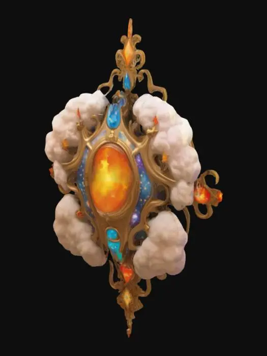 3D model for In the center is the government symbol of the Cosmopolis, a fusion of medieval-era cameo aesthetics and psychedelic surrealism, set with luminous jewels, and flanked by symmetrical stars and clouds in an unruly shape.