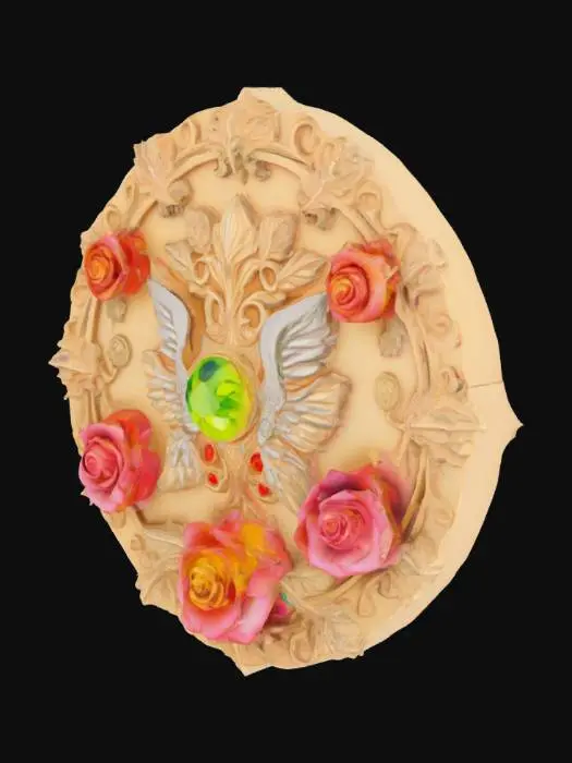 3D model for In the center, the symbol of the government of the city of forests, a fusion of medieval-era relief aesthetics and psychedelic surrealism, set with luminous jewels, flanked by symmetrical thorn roses in an unruly shape.