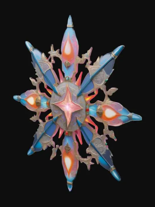 3D model for In the center is the government symbol of the city of the sky, a fusion of medieval-era cameo aesthetics and psychedelic surrealism, set with luminous jewels, and flanked by symmetrical swords in an unruly shape.