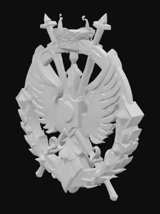 3D model for In the center is the government symbol of the city of the sky, a fusion of medieval-era cameo aesthetics and psychedelic surrealism, set with luminous jewels, and flanked by symmetrical swords in an unruly shape.