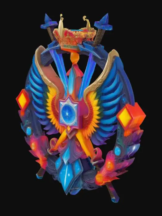 3D model for In the center is the government symbol of the city of the sky, a fusion of medieval-era cameo aesthetics and psychedelic surrealism, set with luminous jewels, and flanked by symmetrical swords in an unruly shape.