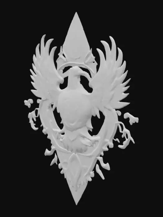 3D model for In the center is the government symbol of the city of the sky, a fusion of medieval-era cameo aesthetics and psychedelic surrealism, set with luminous jewels and flanked by symmetrical eagles in unruly shapes.