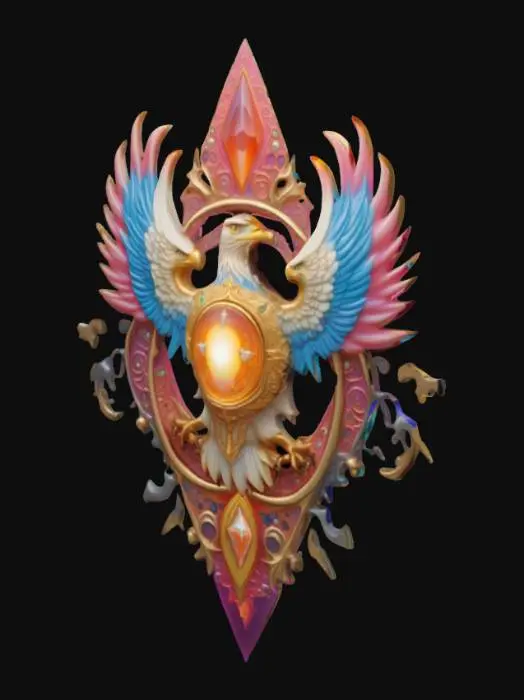 3D model for In the center is the government symbol of the city of the sky, a fusion of medieval-era cameo aesthetics and psychedelic surrealism, set with luminous jewels and flanked by symmetrical eagles in unruly shapes.