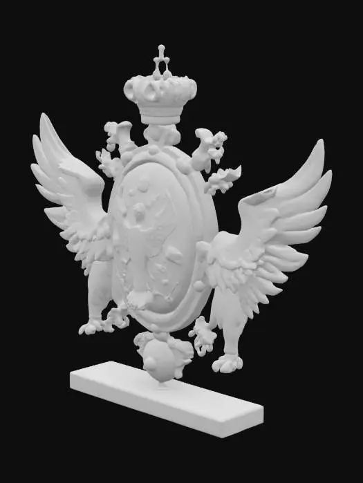 3D model for In the center is the government symbol of the city of the sky, a fusion of medieval-era cameo aesthetics and psychedelic surrealism, set with luminous jewels and flanked by symmetrical eagles in unruly shapes.