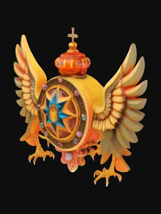 3D model for In the center is the government symbol of the city of the sky, a fusion of medieval-era cameo aesthetics and psychedelic surrealism, set with luminous jewels and flanked by symmetrical eagles in unruly shapes.