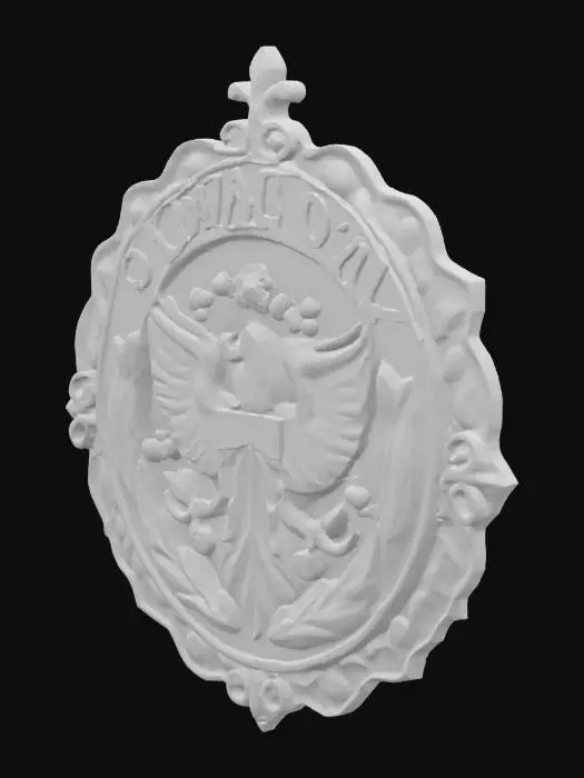 3D model for In the center is the government symbol of Ocean City, a fusion of medieval-era cameo aesthetics and psychedelic surrealism, inlaid with luminous pearls and flanked by symmetrical coral in an unruly shape.