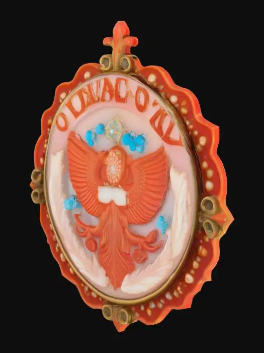 3D model for In the center is the government symbol of Ocean City, a fusion of medieval-era cameo aesthetics and psychedelic surrealism, inlaid with luminous pearls and flanked by symmetrical coral in an unruly shape.