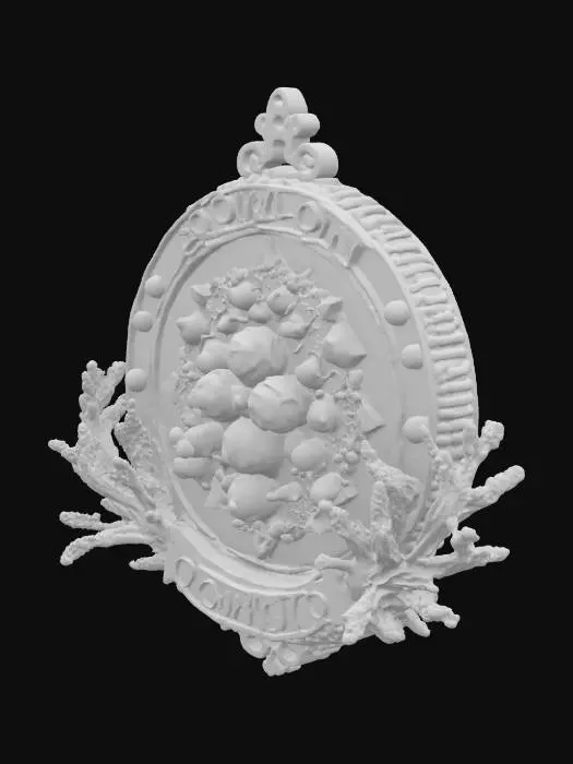 3D model for In the center is the government symbol of Ocean City, a fusion of medieval-era cameo aesthetics and psychedelic surrealism, inlaid with luminous pearls and flanked by symmetrical coral in an unruly shape.