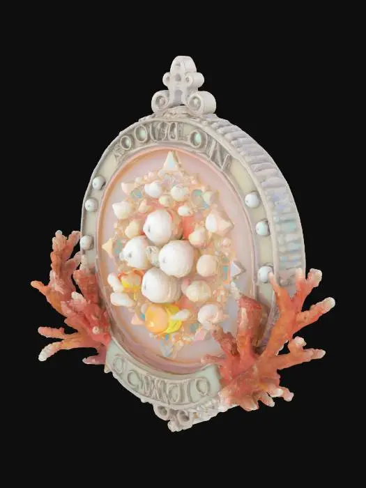 3D model for In the center is the government symbol of Ocean City, a fusion of medieval-era cameo aesthetics and psychedelic surrealism, inlaid with luminous pearls and flanked by symmetrical coral in an unruly shape.