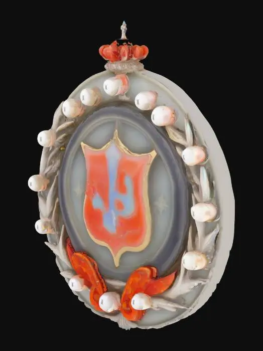 3D model for In the center is the government symbol of Ocean City, a blend of medieval-era cameo aesthetics and psychedelic surrealism, inlaid with luminous pearls and flanked by symmetrical coral.
