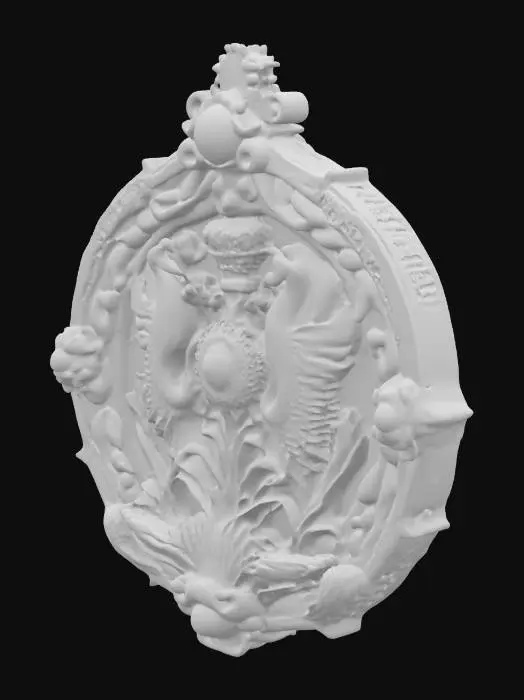 3D model for In the center is the government symbol of Ocean City, a blend of medieval-era cameo aesthetics and psychedelic surrealism, inlaid with luminous pearls and flanked by symmetrical coral.

