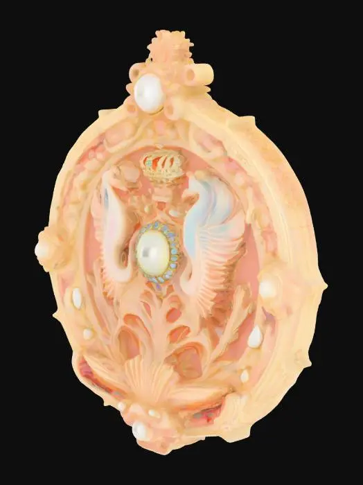 3D model for In the center is the government symbol of Ocean City, a blend of medieval-era cameo aesthetics and psychedelic surrealism, inlaid with luminous pearls and flanked by symmetrical coral.
