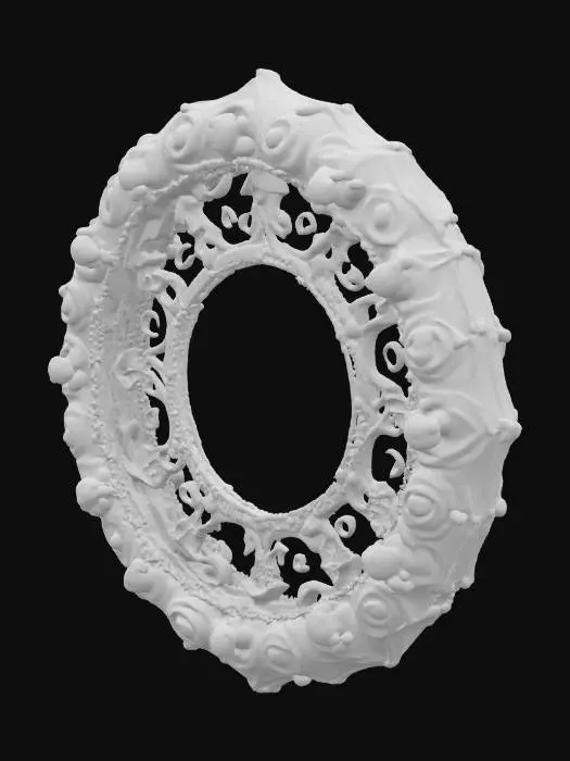 3D model for The government symbol of Ocean City, a fusion of medieval-era cameo aesthetics and psychedelic surrealism, inlaid with luminous pearls, with an openwork symmetrical structure.
