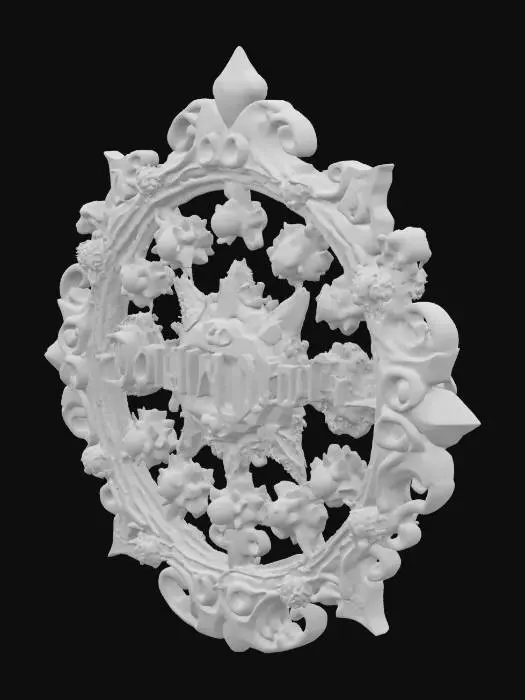 3D model for The government symbol of Ocean City, a fusion of medieval-era cameo aesthetics and psychedelic surrealism, inlaid with luminous pearls, with an openwork symmetrical structure.
