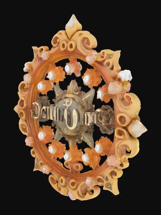 3D model for The government symbol of Ocean City, a fusion of medieval-era cameo aesthetics and psychedelic surrealism, inlaid with luminous pearls, with an openwork symmetrical structure.
