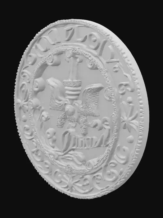 3D model for The government symbol of Ocean City, a fusion of medieval-era cameo aesthetics and psychedelic surrealism, inlaid with luminescent pearls
