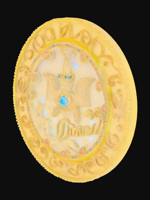 3D model for The government symbol of Ocean City, a fusion of medieval-era cameo aesthetics and psychedelic surrealism, inlaid with luminescent pearls
