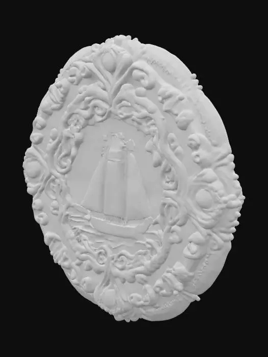 3D model for The government symbol of Ocean City, a fusion of medieval-era cameo aesthetics and psychedelic surrealism, inlaid with luminescent pearls