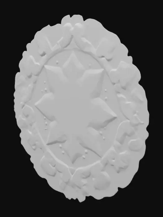 3D model for In the center is the government symbol of Cosmopolis, which blends medieval bas-relief aesthetics with psychedelic surrealism, encrusted with glowing blue-violet jewels and flanked by stars and clouds in irregular shapes., #emblem#