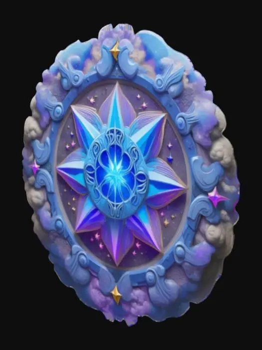 3D model for In the center is the government symbol of Cosmopolis, which blends medieval bas-relief aesthetics with psychedelic surrealism, encrusted with glowing blue-violet jewels and flanked by stars and clouds in irregular shapes., #emblem#