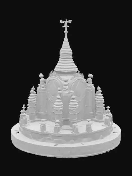 3D model for In the center is the government symbol of Cosmopolis, which blends medieval bas-relief aesthetics with psychedelic surrealism, encrusted with glowing blue-violet jewels and flanked by stars and clouds in irregular shapes., #emblem#